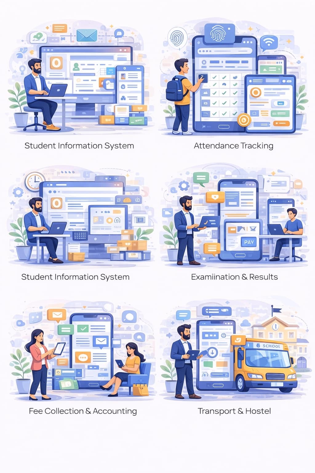 School ERP features including student information system, attendance tracking, exams and fee management by Renshok